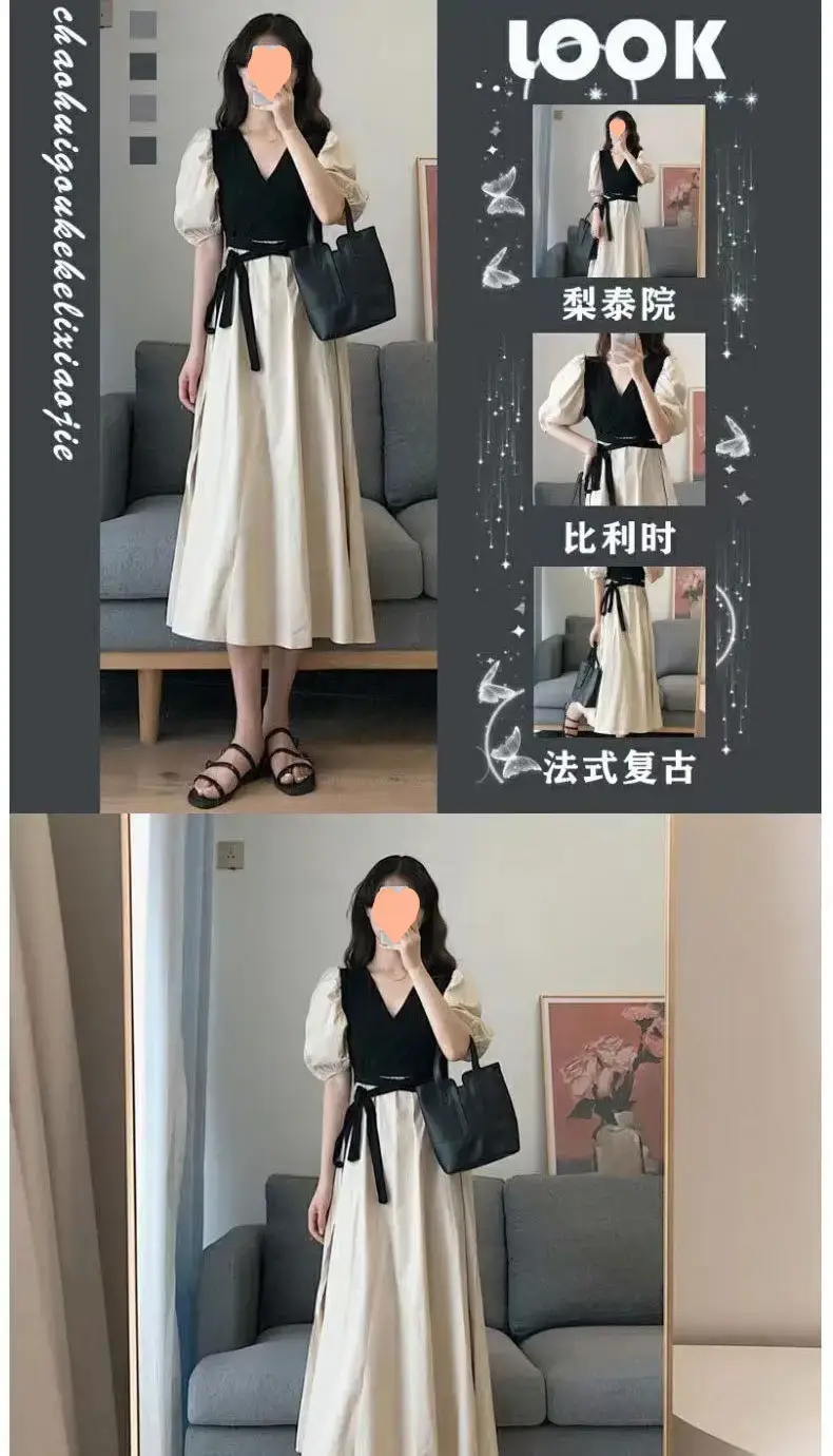 Summer Dress Black Puff Sleeve Large Skirt French Style — feature 7