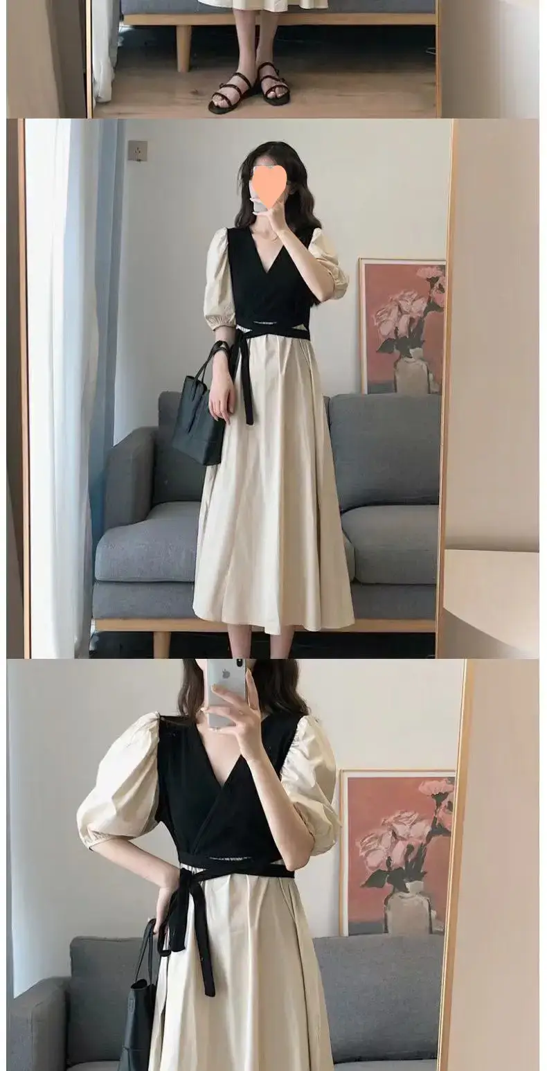 Summer Dress Black Puff Sleeve Large Skirt French Style — feature 8