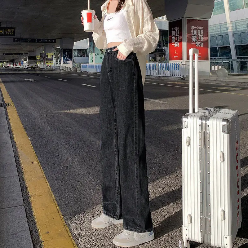 Women's Black Grey Jeans Spring Summer 2022 Straight Loose High Waist Dipping Pants - Image 9