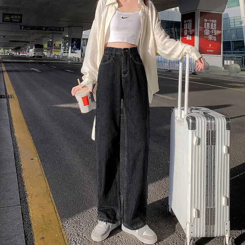 Women's Black Grey Jeans Spring Summer 2022 Straight Loose High Waist Dipping Pants - Image 2