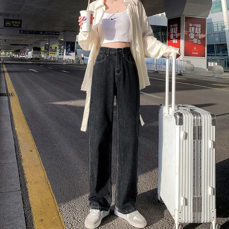 Women's Black Grey Jeans Spring Summer 2022 Straight Loose High Waist Dipping Pants - Image 10