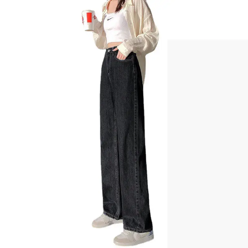 Women's Black Grey Jeans Spring Summer 2022 Straight Loose High Waist Dipping Pants - Image 12