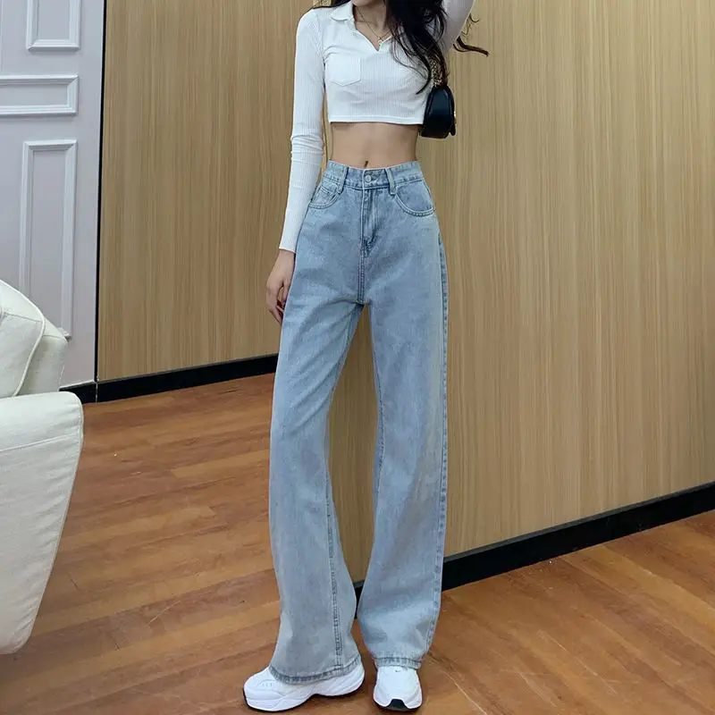 Women's Black Grey Jeans Spring Summer 2022 Straight Loose High Waist Dipping Pants - Image 3