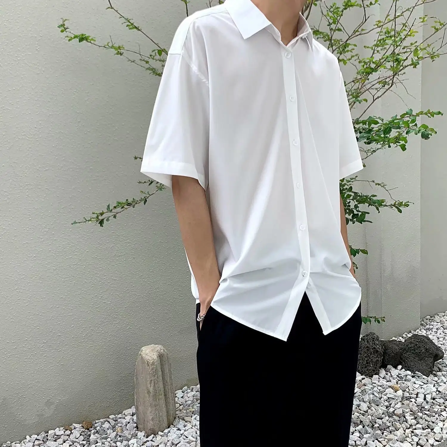 Men White Ice Silk Short Sleeve Shirt Summer Loose - Image 7