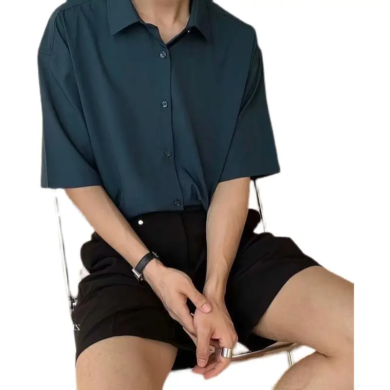 Men White Ice Silk Short Sleeve Shirt Summer Loose - Image 8