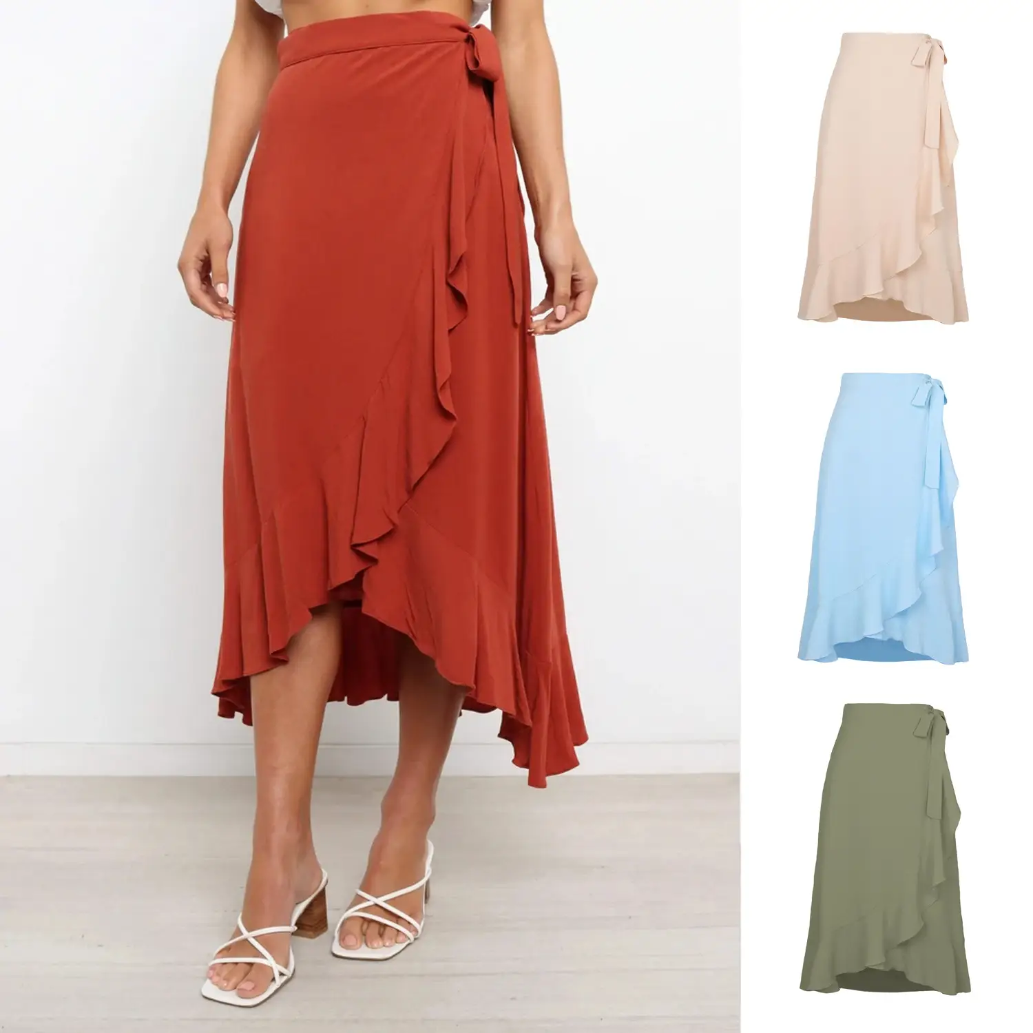 Women's Light Blue Lace-Up Midi Skirt Irregular Chiffon - Image 10