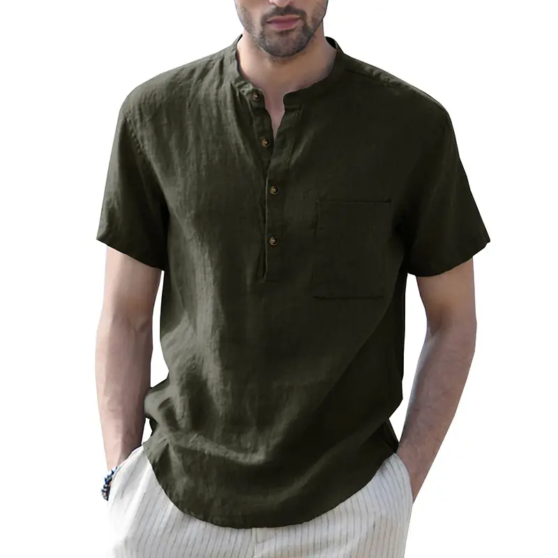 Men's Green Cotton Short Sleeve Shirt with Pocket - Image 7