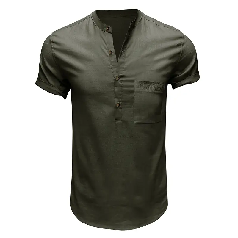 Men's Green Cotton Short Sleeve Shirt with Pocket - Image 8