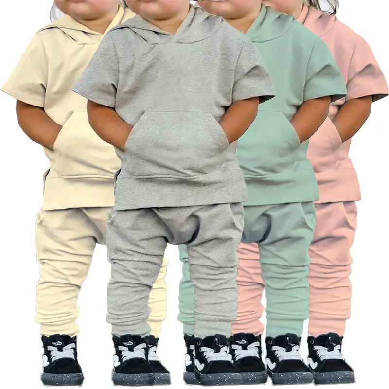 Kids Grey Hooded Hoodie Trousers Set Summer Hooded Sweatshirt Pants - Image 5