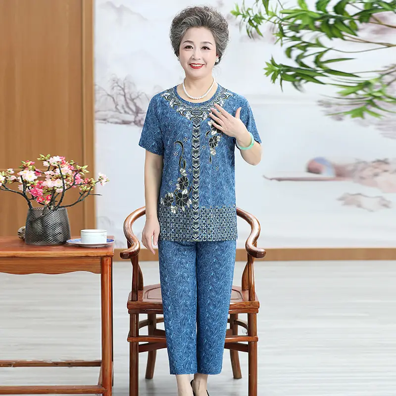 Ice Silk Elderly Women Suit Purple Three Quarter Pants