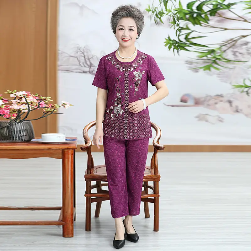 Ice Silk Elderly Women Suit Purple Three Quarter Pants