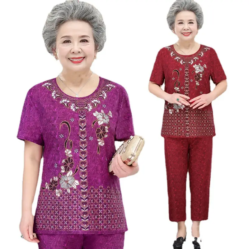 Ice Silk Elderly Women Suit Purple Three Quarter Pants