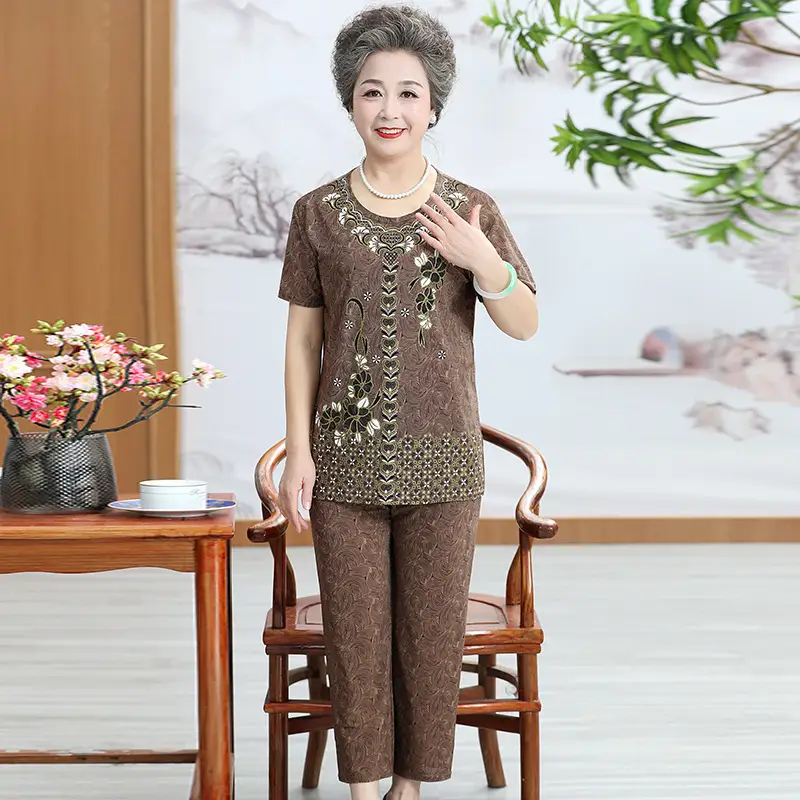 Ice Silk Elderly Women Suit Purple Three Quarter Pants
