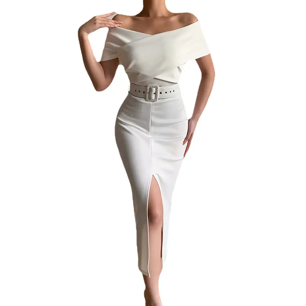 White Off-Shoulder Belt Slit Skirt Set - Image 10