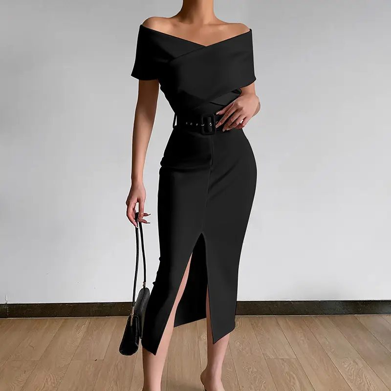 White Off-Shoulder Belt Slit Skirt Set - Image 5
