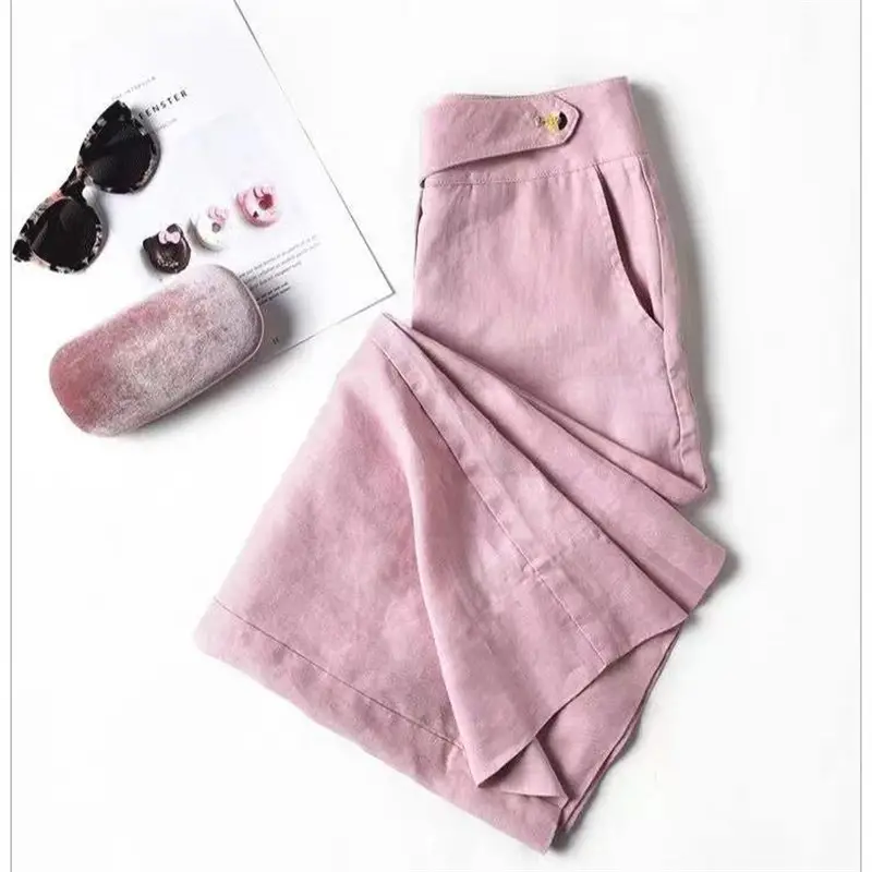 Women Linen High Waist Draped Pants White - Image 4
