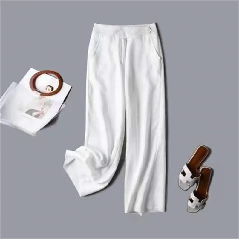 Women Linen High Waist Draped Pants White - Image 6