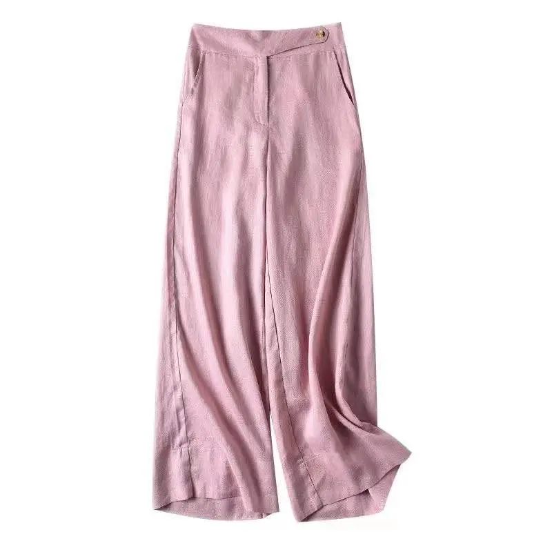 Women Linen High Waist Draped Pants White - Image 8