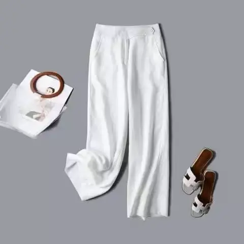 Women Linen High Waist Draped Pants White — feature 13