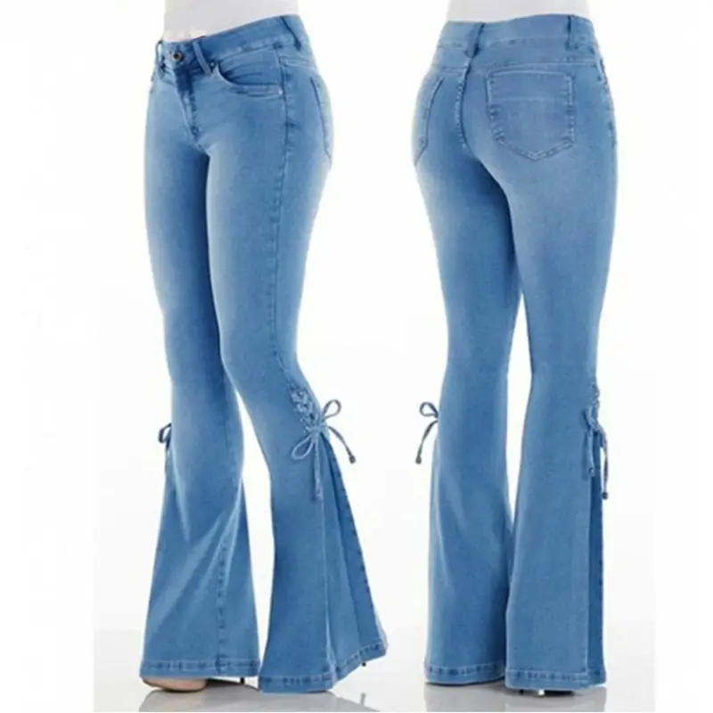 Women Flared Lace-Up Jeans Blue Stretch Denim Mid Waist - Image 5