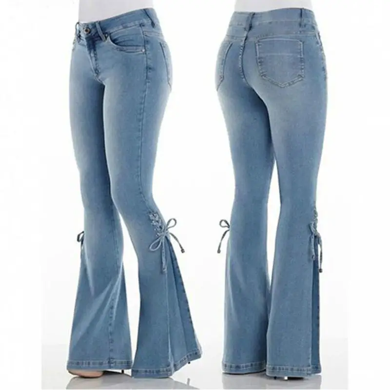 Women Flared Lace-Up Jeans Blue Stretch Denim Mid Waist - Image 3