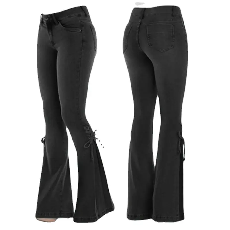 Women Flared Lace-Up Jeans Blue Stretch Denim Mid Waist - Image 7