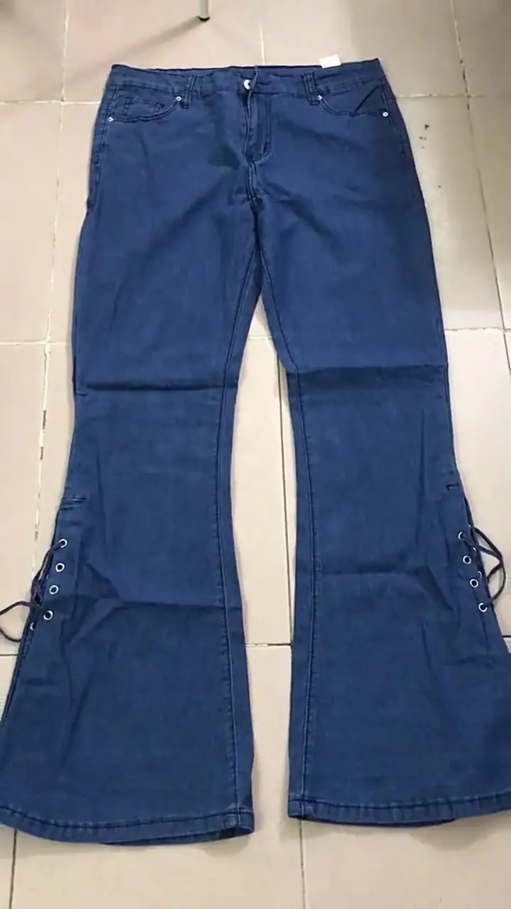 Women Flared Lace-Up Jeans Blue Stretch Denim Mid Waist - Image 2