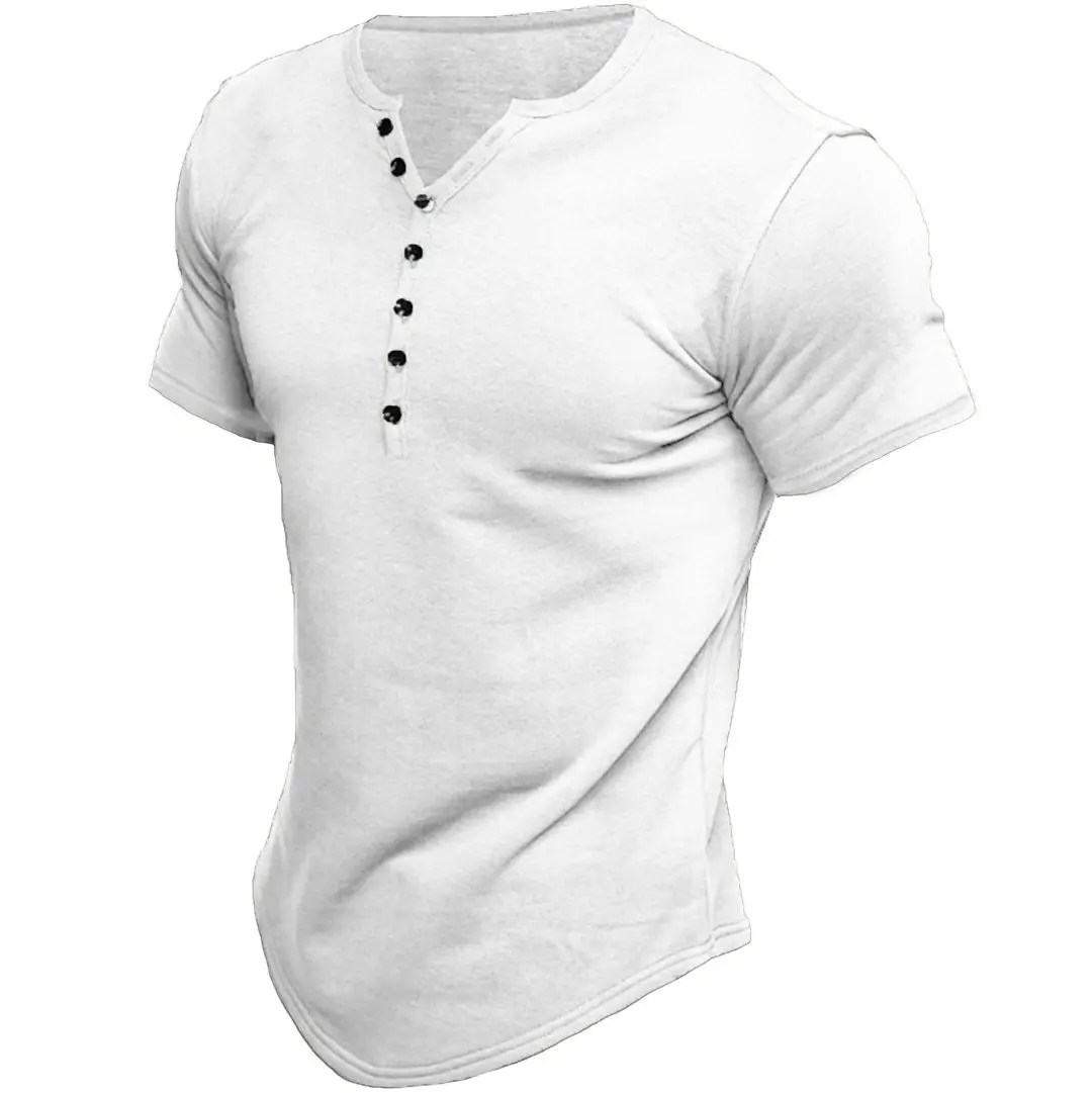 Men's White Henley T-Shirt Short Sleeve Loose Breathable - Image 9