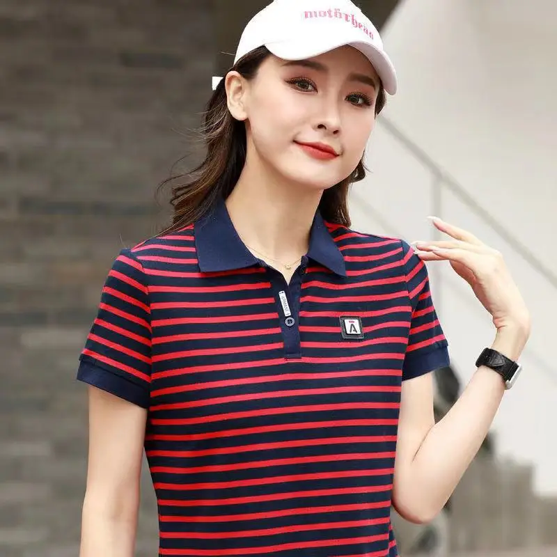 Women Striped Polo Shirt 2023 Summer Loose Fit - Image 5