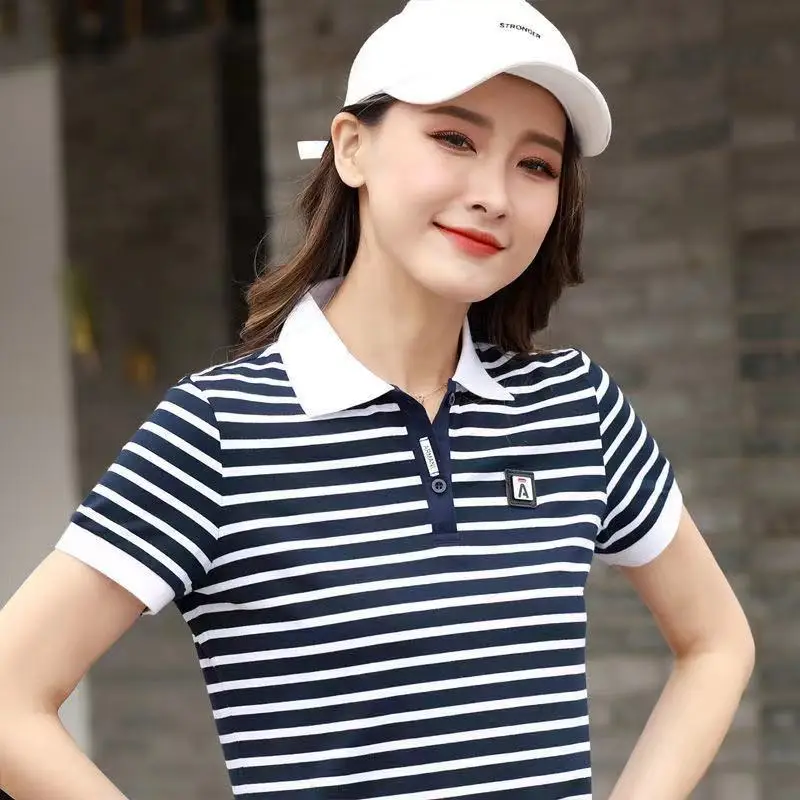Women Striped Polo Shirt 2023 Summer Loose Fit - Image 6