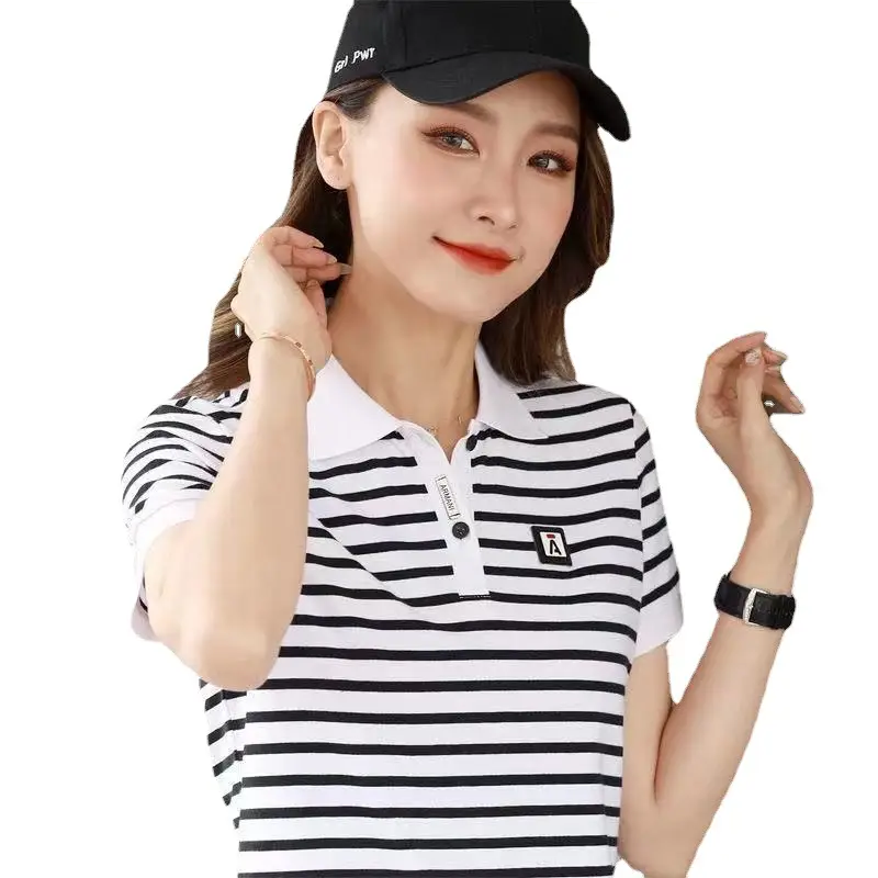 Women Striped Polo Shirt 2023 Summer Loose Fit - Image 7