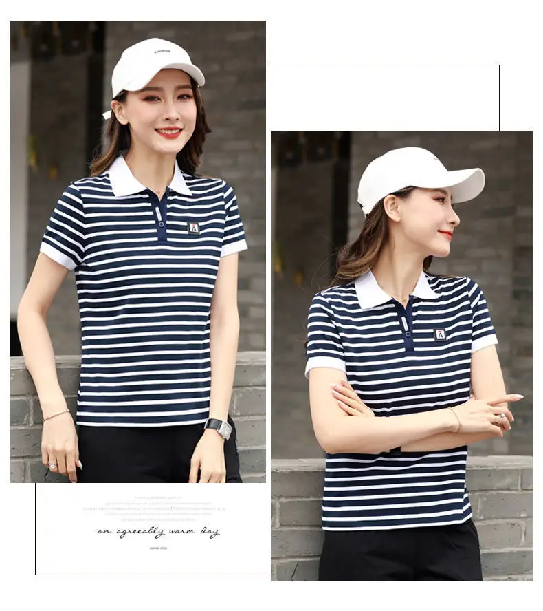 Women Striped Polo Shirt 2023 Summer Loose Fit — feature 10