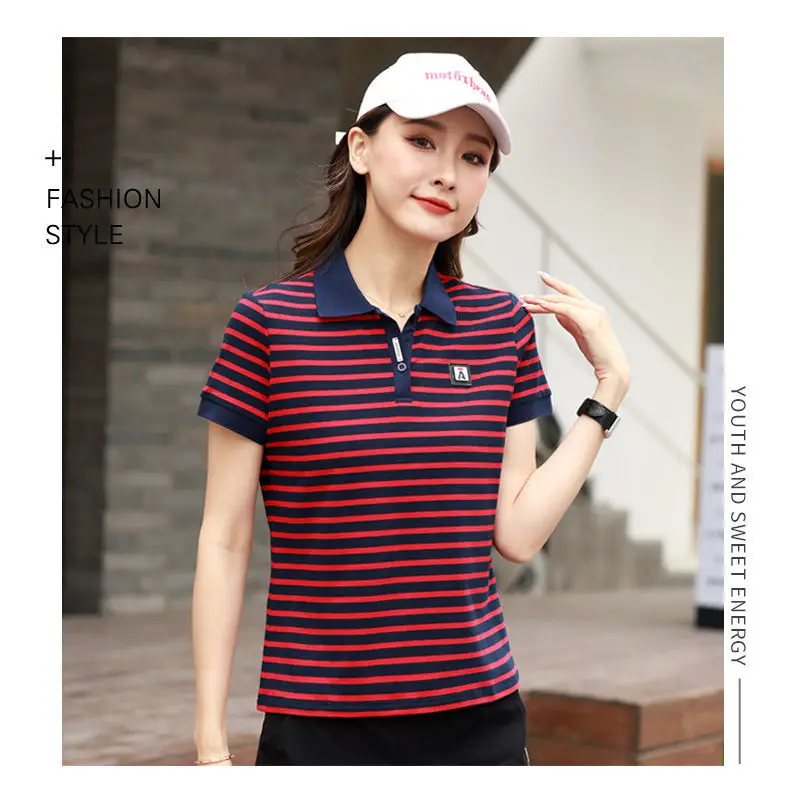 Women Striped Polo Shirt 2023 Summer Loose Fit — feature 11