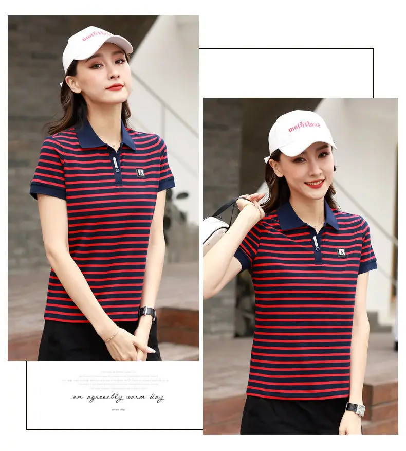 Women Striped Polo Shirt 2023 Summer Loose Fit — feature 14