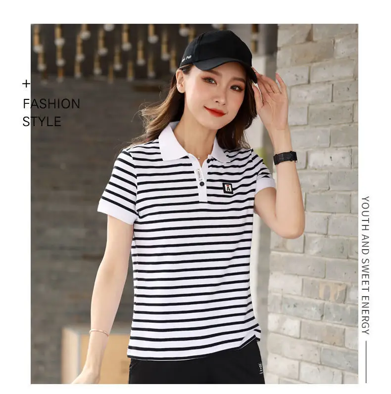 Women Striped Polo Shirt 2023 Summer Loose Fit — feature 15