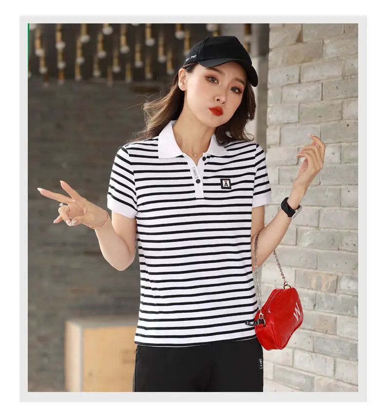 Women Striped Polo Shirt 2023 Summer Loose Fit — feature 17