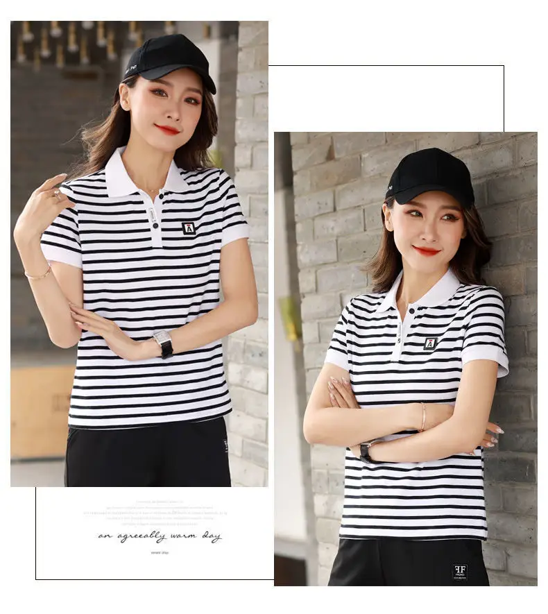 Women Striped Polo Shirt 2023 Summer Loose Fit — feature 18