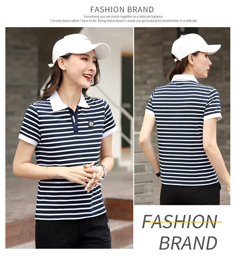 Women Striped Polo Shirt 2023 Summer Loose Fit — feature 8