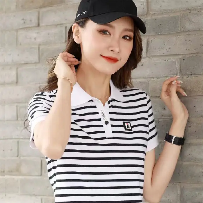 Women Striped Polo Shirt 2023 Summer Loose Fit - Image 2