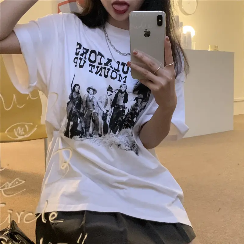 Women Retro American Style Short Sleeve T-Shirt White 2025 — feature 4