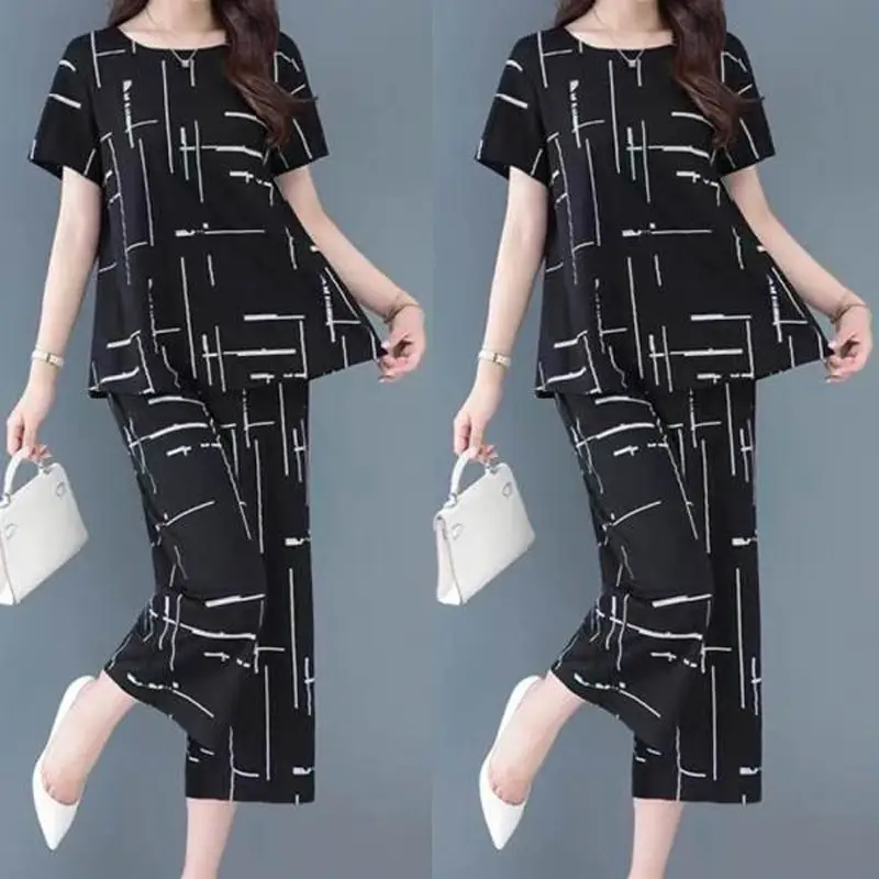Black White Line Wide Leg Pants Set Large Women - Image 7