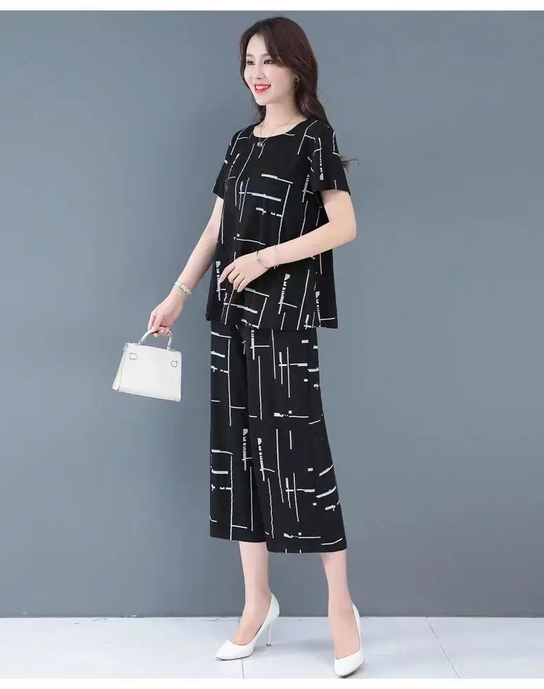 Black White Line Wide Leg Pants Set Large Women — feature 12