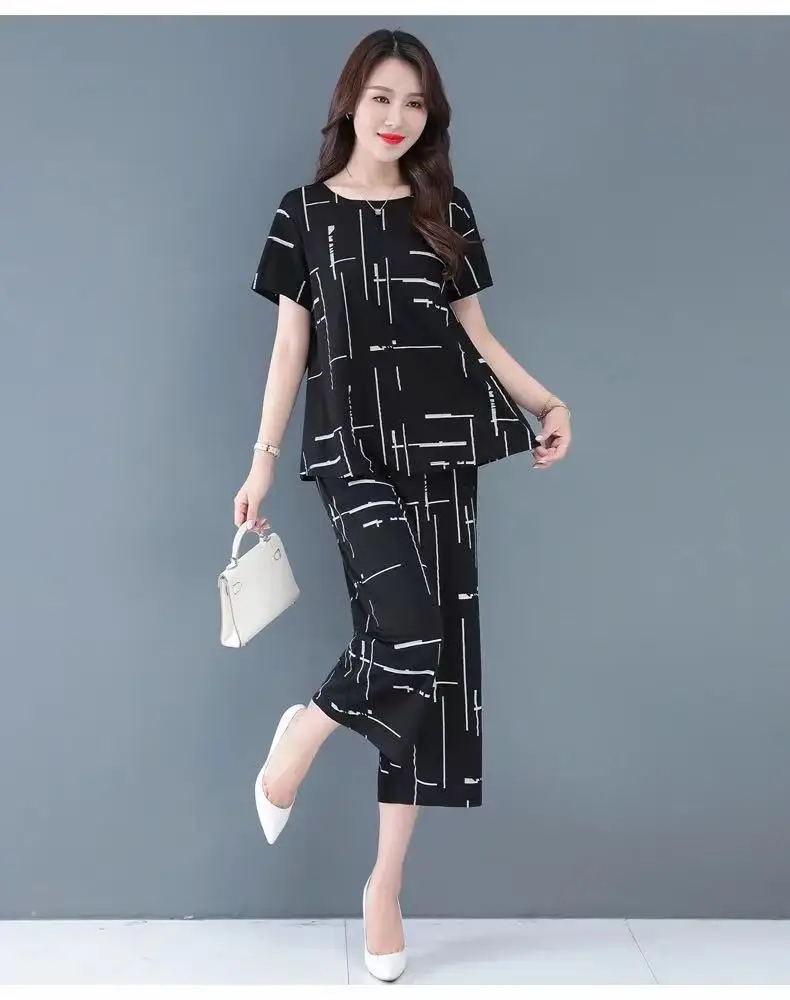 Black White Line Wide Leg Pants Set Large Women — feature 14