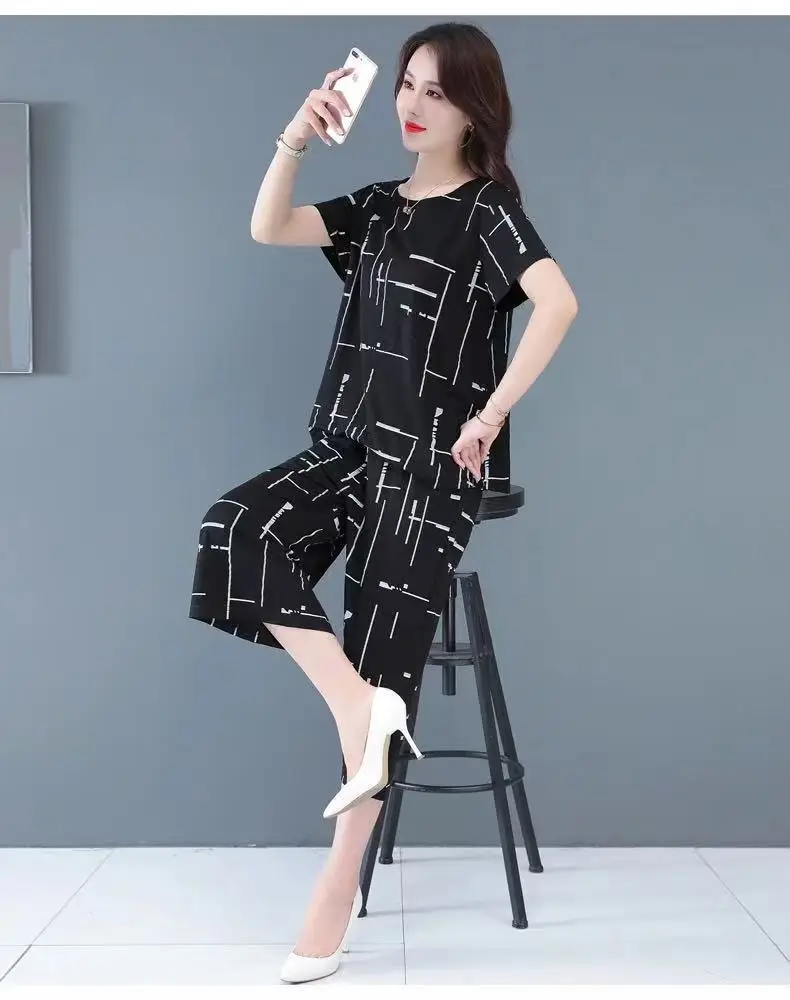 Black White Line Wide Leg Pants Set Large Women — feature 15