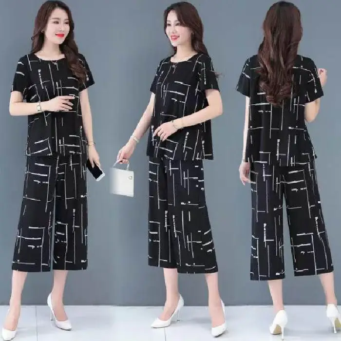 Black White Line Wide Leg Pants Set Large Women - Image 3