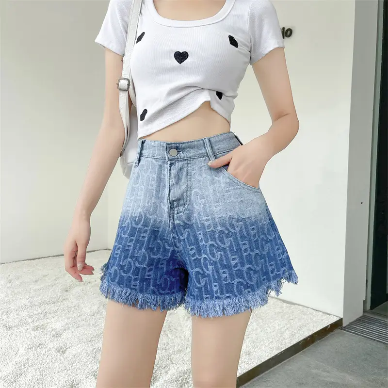 Women Denim Shorts Gradient Blue Frayed High Waist