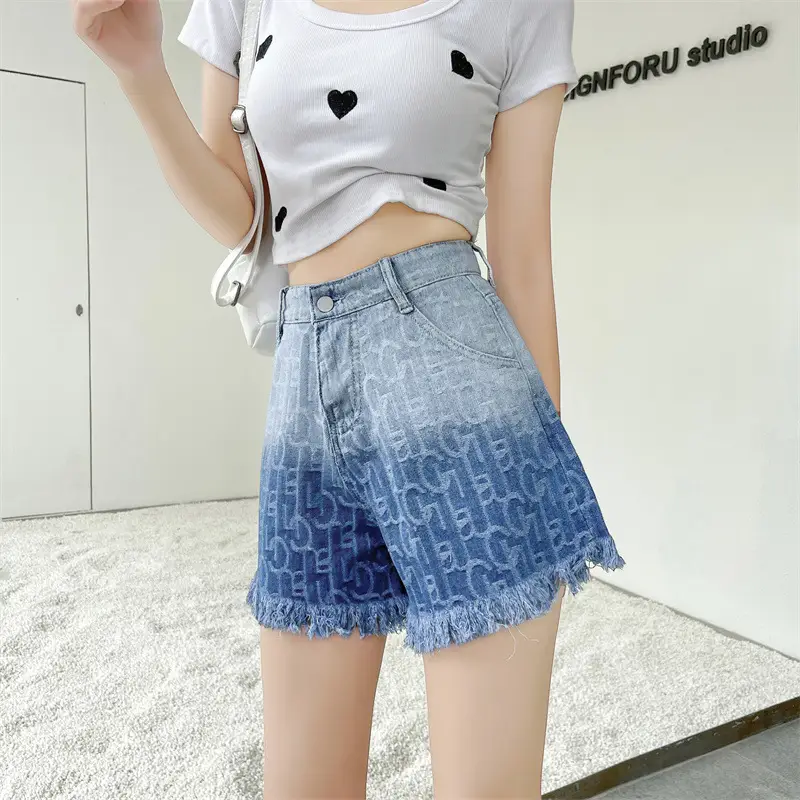 Women Denim Shorts Gradient Blue Frayed High Waist
