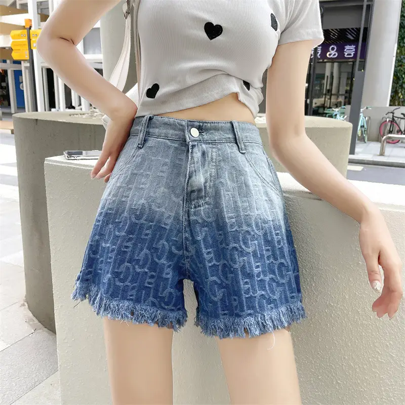 Women Denim Shorts Gradient Blue Frayed High Waist