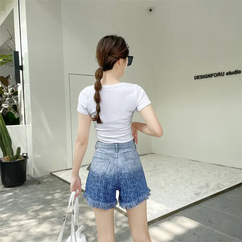 Women Denim Shorts Gradient Blue Frayed High Waist