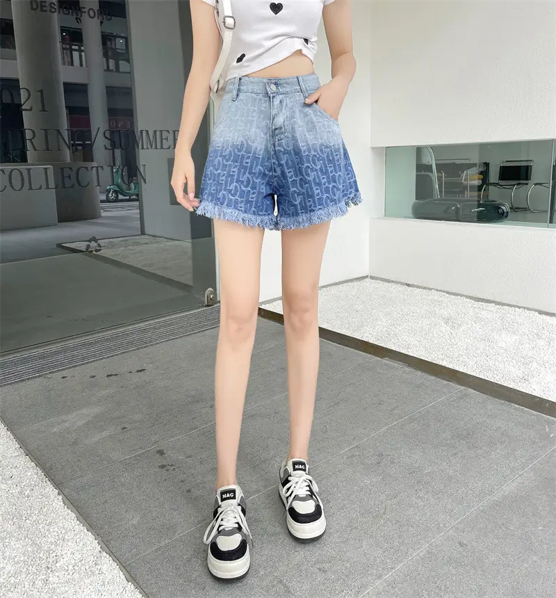 Women Denim Shorts Gradient Blue Frayed High Waist